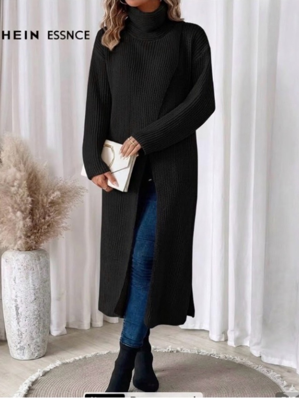 SHEIN Black Long Ribbed Turtleneck Sweater Dress with Front Slit / Large